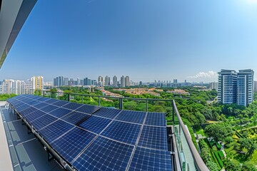 photovoltaic panels or solar panels on the roof of an apartment building in a tropical climate with a modern city skyline in background, with clear blue sky, green plants, sustainable energy concept, 