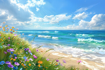 A beautiful impressionism art landscape of a summer beach with wild flowers, green sea, and blue sky. Perfect for vacation and relaxation. - obrazy, fototapety, plakaty