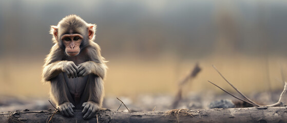 A monkey sitting on the ground with a sad look on its