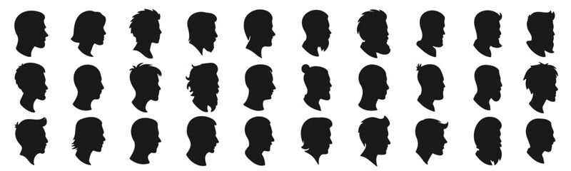 Human head silhouette icon set, different men haircut