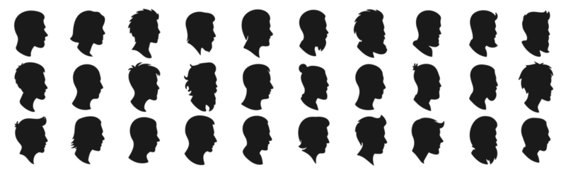 Poster Human head silhouette icon set, different men haircut © tutti_frutti