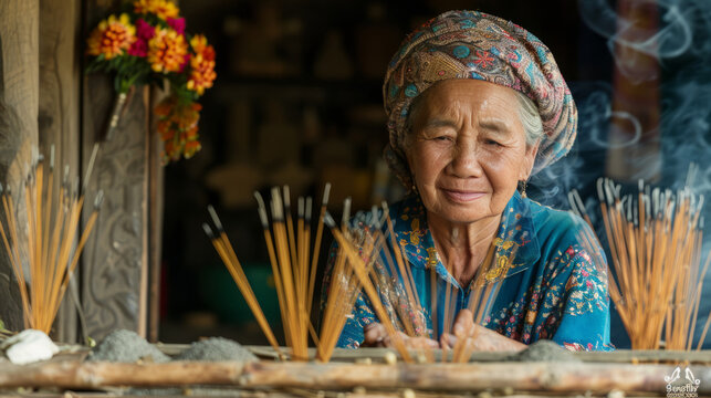 Traditional incense stick crafting by an artisan in a rustic setting