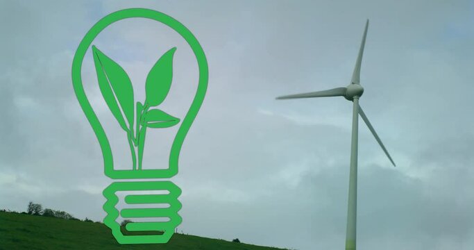 Animation of plant in green light bulb over wind turbine against cloudy sky