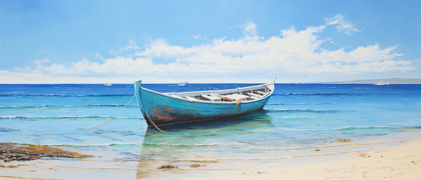 A painting of a boat on the water near a beach