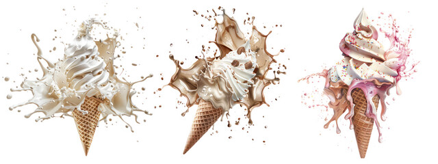 Set of delicious ice cream explosion, isolated on transparent background. - obrazy, fototapety, plakaty