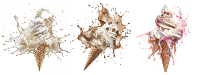 Set of delicious ice cream explosion, isolated on transparent background.