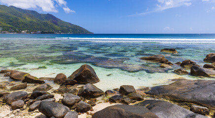 Coastal view of Beau Vallon beach, Seychelles. Natural landscape photo