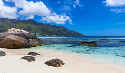 Seychelles, Beau Vallon Beach landscape photo taken on a sunny day