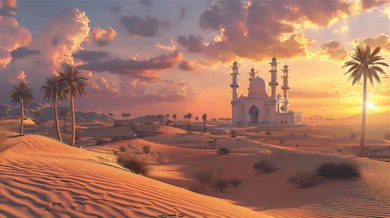 Foto op Canvas  Mosque in desert with palm trees at sunset © Maizal