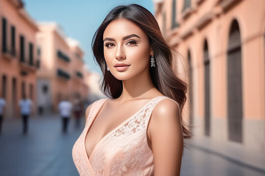 Pretty girl model of Asian ethnicity in the street, peach shade photo. The model looks at the camera and smiles. Girl in evening dress and free space for text.