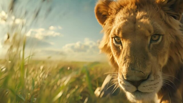 close up lion with shining light. 4k video animation