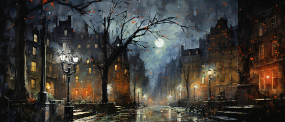 A painting of a city street at night with trees and bu