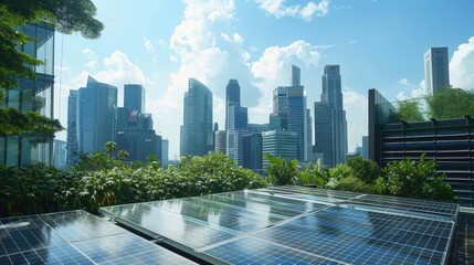photovoltaic panels or solar panels on the roof of an apartment building in a tropical climate with a modern city skyline in background, with clear blue sky, green plants, sustainable energy concept, 
