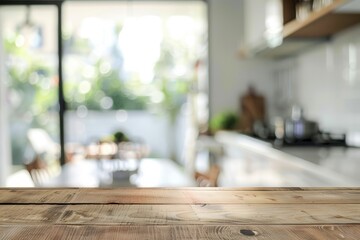 Empty wooden countertop with blurred modern kitchen background, space for display or montage - AI generated