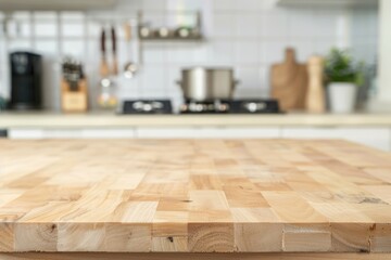 Empty wooden countertop with blurred modern kitchen background, space for display or montage - AI generated - obrazy, fototapety, plakaty