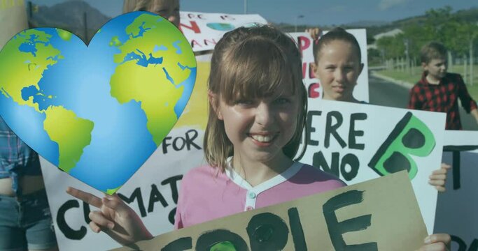 Animation of heart shaped earth over caucasian children with climate change signs on protest march