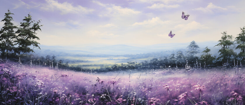 A painting of a field of purple flowers with a butterf