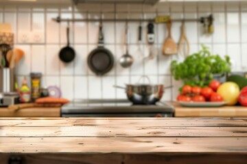 Empty wooden countertop with blurred modern kitchen background, space for display or montage - AI generated