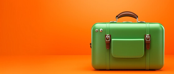 Green luggage ready for travel on lush orange background