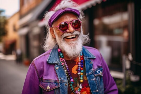 Portrait of an old hippie man with a white beard and mustache in a purple jacket on the street