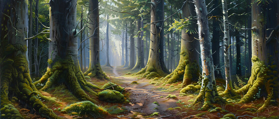 A painting of a forest with a dirt path and trees with