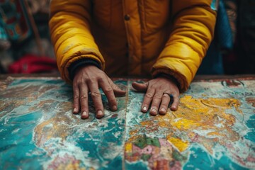 A person in a yellow jacket is looking at a map