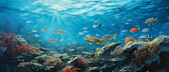 Fototapeta na wymiar A painting of a group of fish swimming in the ocean. .