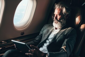 Senior executive working on tablet while flying in luxury private jet cabin, serious business travel - AI generated