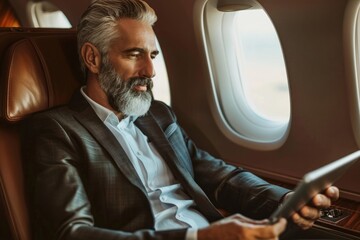 Senior executive working on tablet while flying in luxury private jet cabin, serious business travel - AI generated