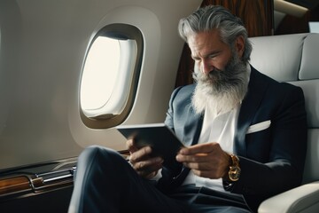 Senior executive working on tablet while flying in luxury private jet cabin, serious business travel - AI generated