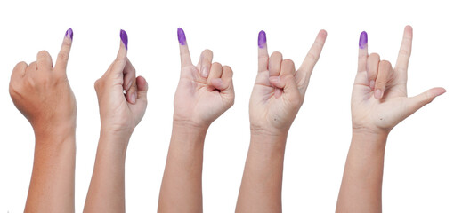 Group of hand showing little finger dipped in purple ink after voting for Indonesia Election or...