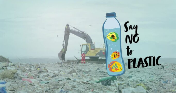 Animation of say no to plastic text and bottle with fish over rubbish in landfill