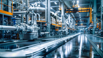 Industrial Factory Scene, Showcasing the Intricate Network of Pipes and Machinery Essential for Manufacturing, Highlighting Steel, Power, and Modern Engineering Techniques
