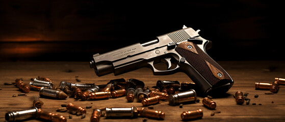 Gun pistol.  mm pistol gun and bullets strewn  - obrazy, fototapety, plakaty