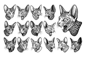 Realistic side view devon rex cat face portrait illustration design set