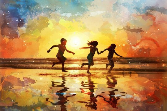 Happy family holding hands and walking on sandy beach at sunset, creating memories by the sea - AI generated