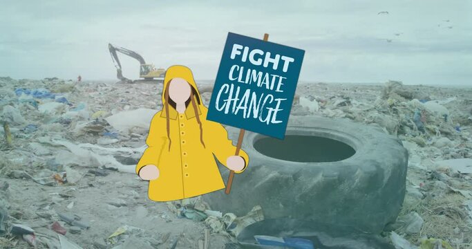 Animation of caucasian girl with fight climate change placard over rubbish at landfill
