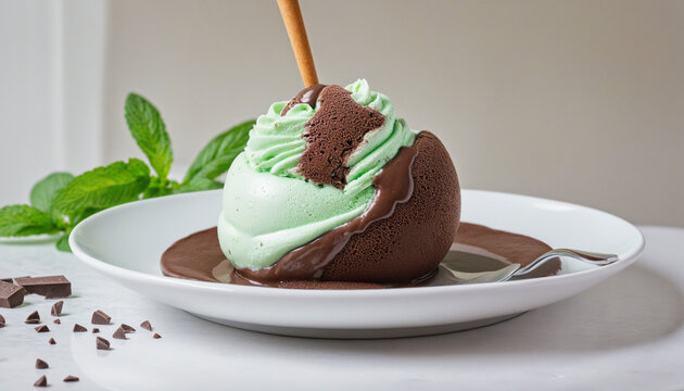 Watercolor illustration of chocolate mint ice cream on a plate