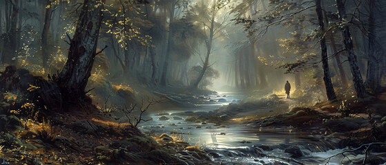 A painting of a man standing in a forest by a stream. - Powered by Adobe