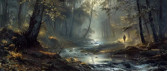  A painting of a man standing in a forest by a stream. © Jafger
