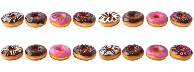 various doughnuts on white background