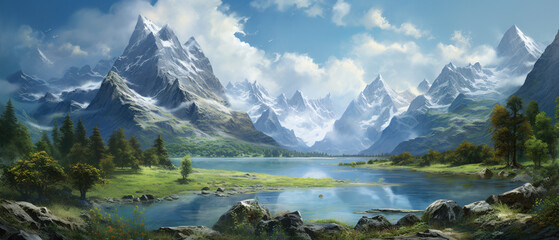 Fototapeta na wymiar A painting of a mountain landscape with a lake