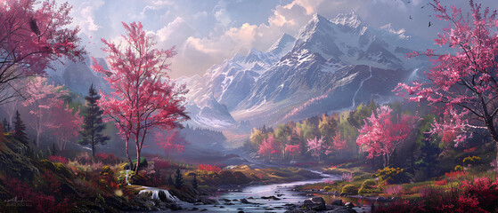 A painting of a mountain landscape with pink trees 