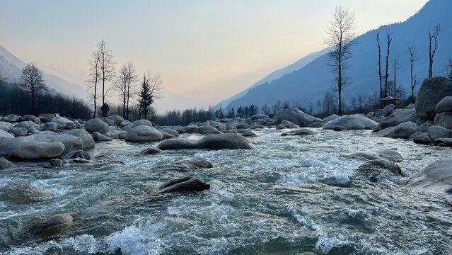 Beas river manali close up with selective focus and blur