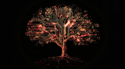 Creative stylized tree made of circuit lines. Nature and electronics fusion concept.