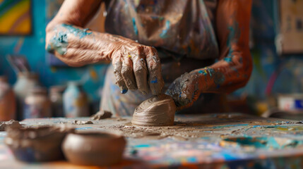 Dynamic shot of potter's hands covered in colorful pigments while shaping a piece on potter's wheel