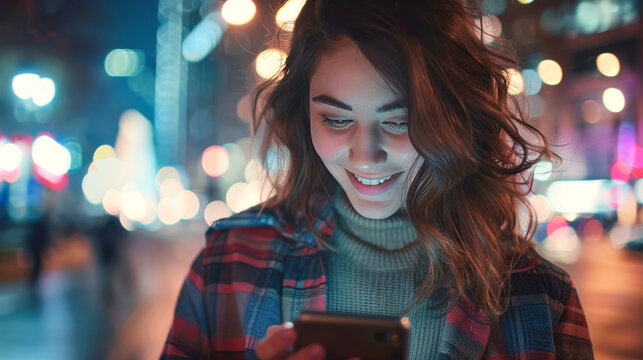 An attractive smiling young woman texting on her smartphone in the night in the city