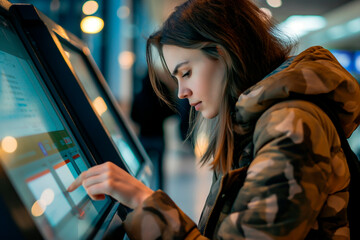 Young female passenger registers their air ticket for a flight at an electronic self-service terminal at the airport building