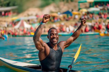 african male rower celebrates winning a canoe regatta, in a water stadium filled with spectators