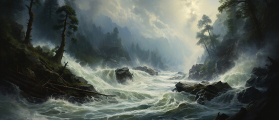 A painting of a river with a bunch of water rushing